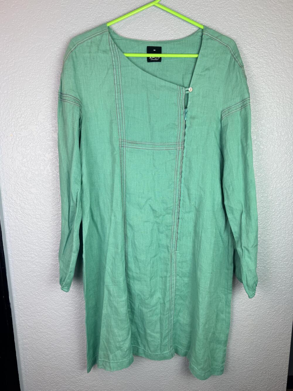 K&US Dress Womens 38 Green Linen Shift Asymmetrical Neck Puff Sleeve Boho
